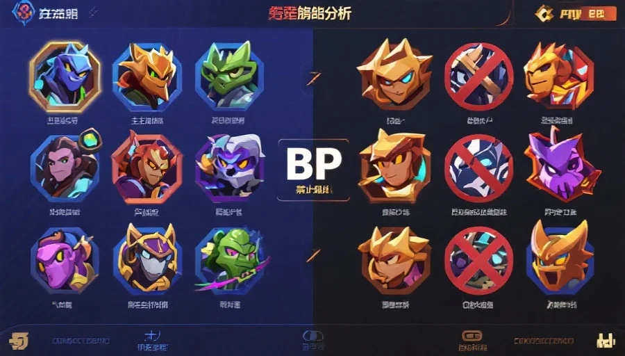 战队BP选角分析图,展示双方选择与禁用的英雄头像,突出主流打野和中路英雄